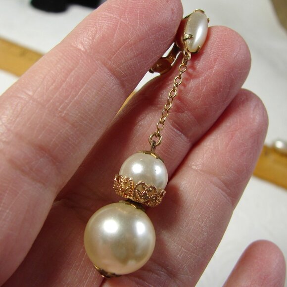 Lewis Segal California Clip-On Gold/Faux Pearl Drop EARRINGS, Vtg 1949-60s F73 - Picture 8 of 8